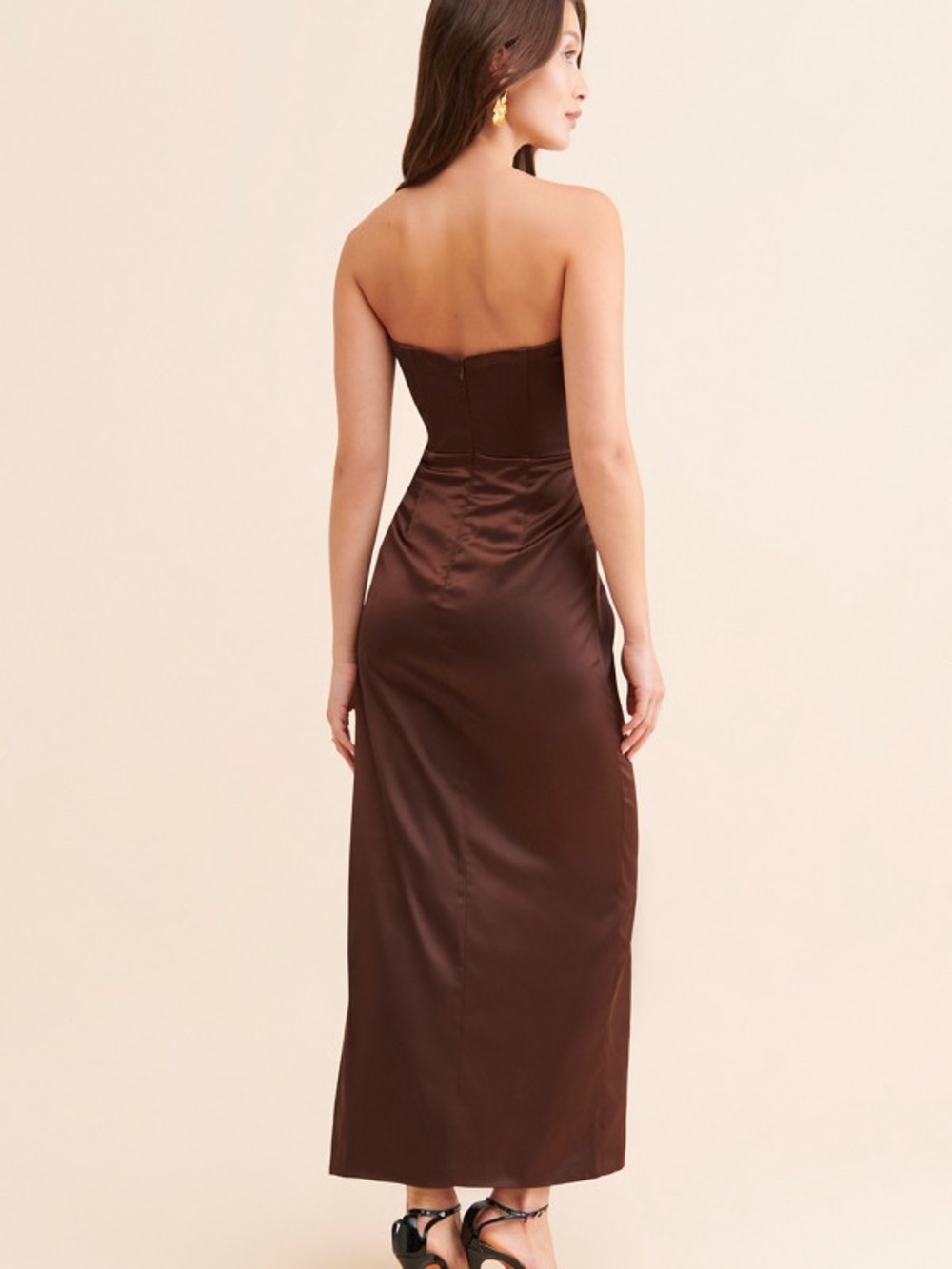 Bardot Everlasting Satin Chocolate Brown Strapless Corset Midi Dress - Picture 9 of 15